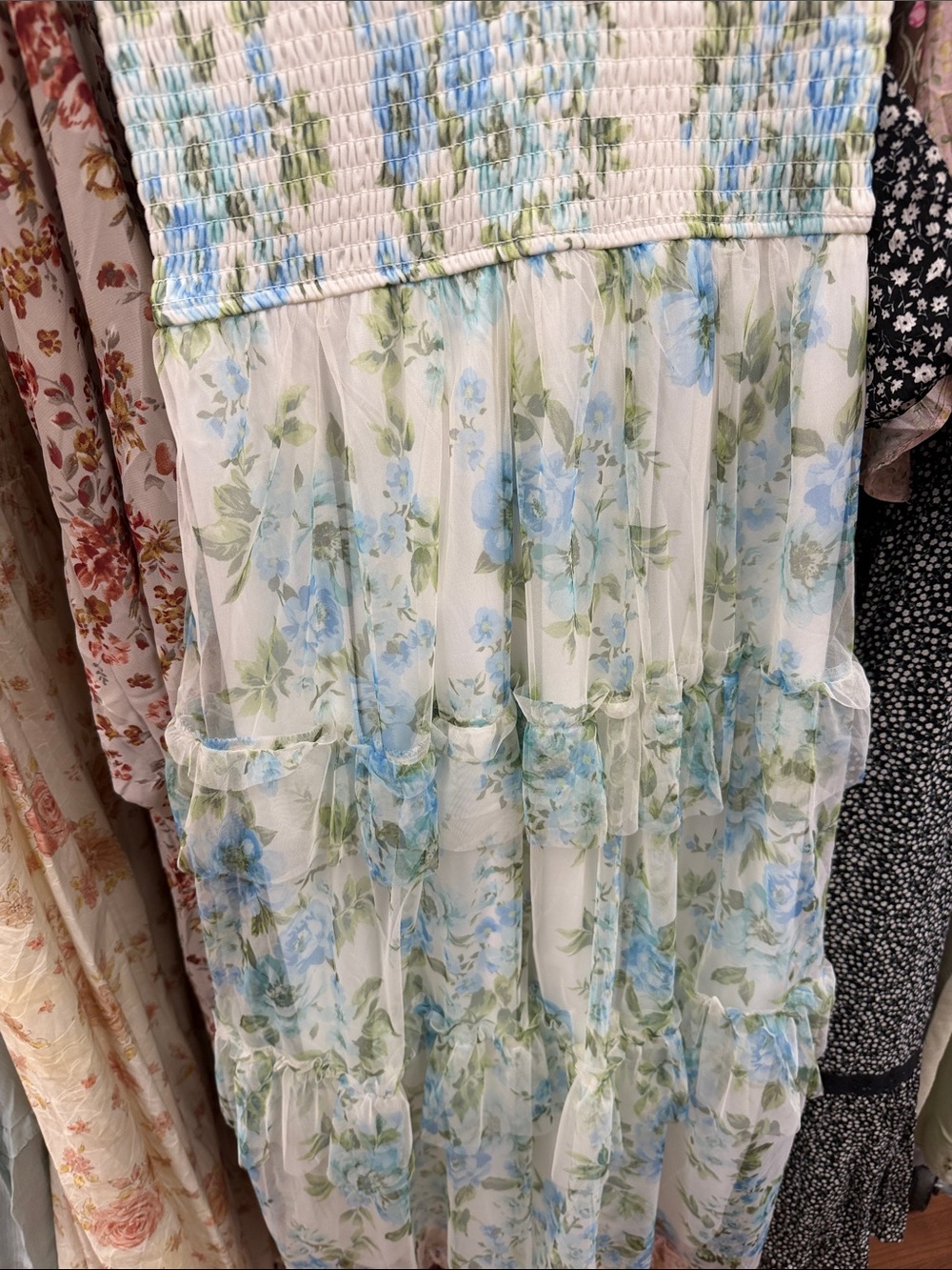 Blu Pepper White Floral Smocked Midi Dress with Blue and Green Print - Picture 4 of 4